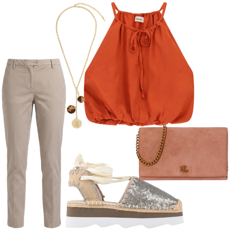 Outfit donna - Top di classe. Stile Casual chic per Tutti i giorni. Abbinamento con décolleté, pantaloni, borse a tracolla, collane, top.