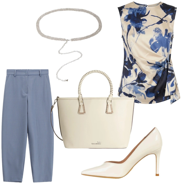 Outfit donna - Girl raffinata. Stile Casual per Ufficio. Abbinamento con shopping bag, pantaloni, décolleté, cinture, canottiere.