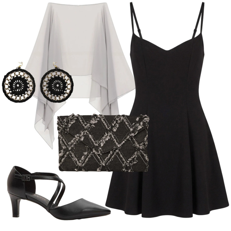 Outfit donna - Total look #2419035. Stile Chic per Serata fuori. Abbinamento con décolleté, vestiti corti, cappe, orecchini, clutch.