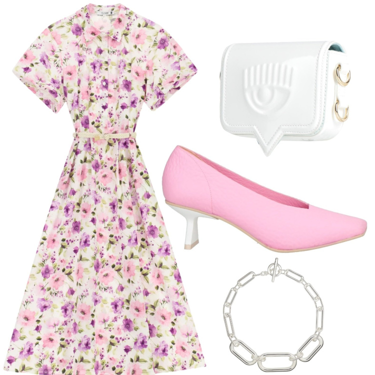 Outfit donna - Romantica floreale. Stile Romantica per Tutti i giorni. Abbinamento con décolleté, marsupi, vestiti midi/longuette, collane.
