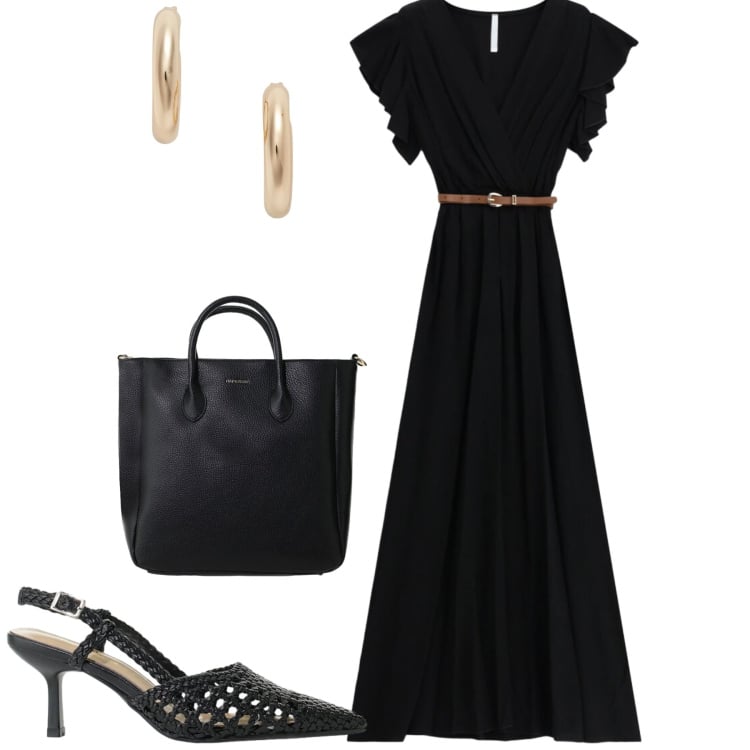 Outfit donna - Black dress. Stile Urban per Tutti i giorni. Abbinamento con vestiti lunghi, borse a tracolla, décolleté, orecchini.