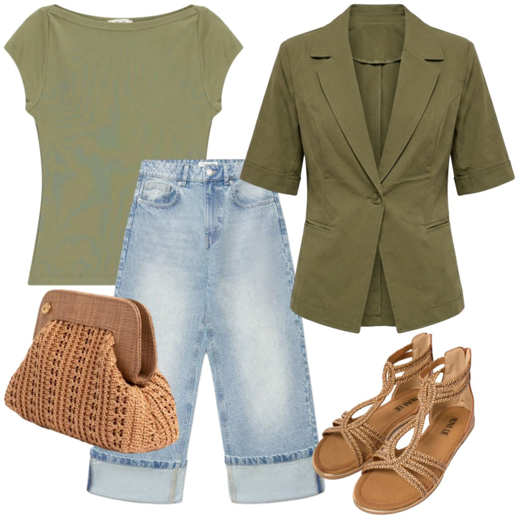Outfit donna - Mini bag intrecciata. Stile Glamour per Tutti i giorni. Abbinamento con jeans, top, blazer, sandali in pelle, clutch.