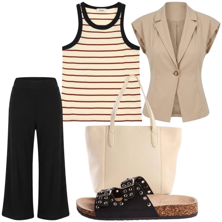 Outfit donna - Shopping con le amiche. Stile Basic per Tutti i giorni. Abbinamento con shopping bag, ciabatte, top, pantaloni culotte, blazer.