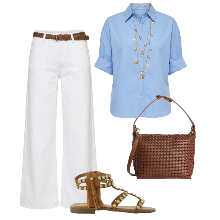 Outfit donna - Rilassata al lavoro. Stile Casual chic per Ufficio. Abbinamento con borse a spalla, collane, sandali, camicie a manica corta, pantaloni.