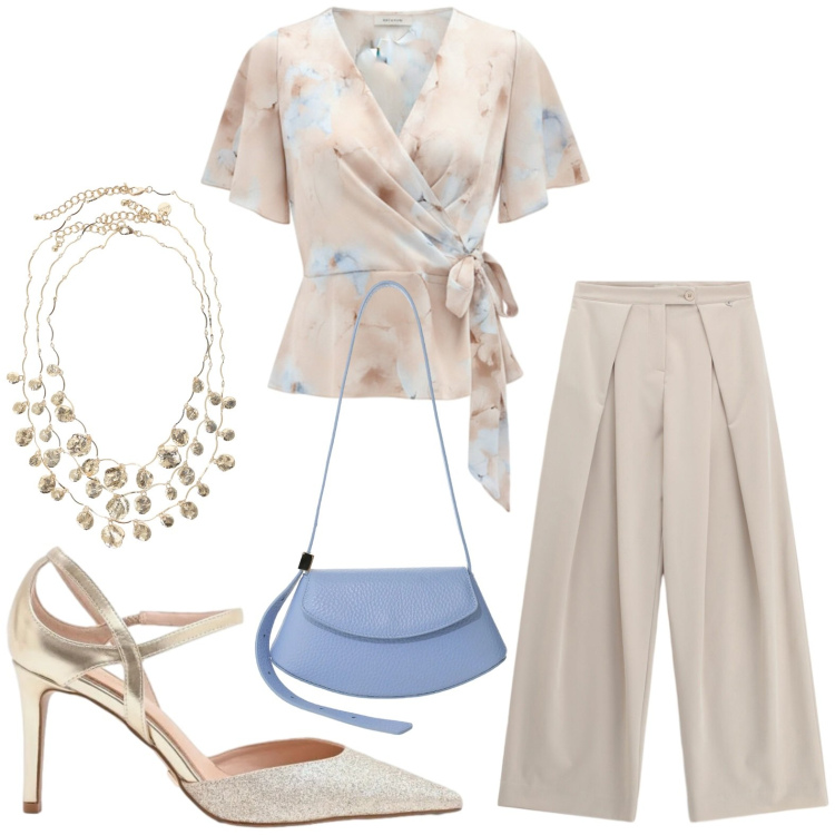 Outfit donna - Cerimonia di giorno. Stile Chic per Cerimonia. Abbinamento con borse a spalla, bluse, décolleté, pantaloni a palazzo, collane.