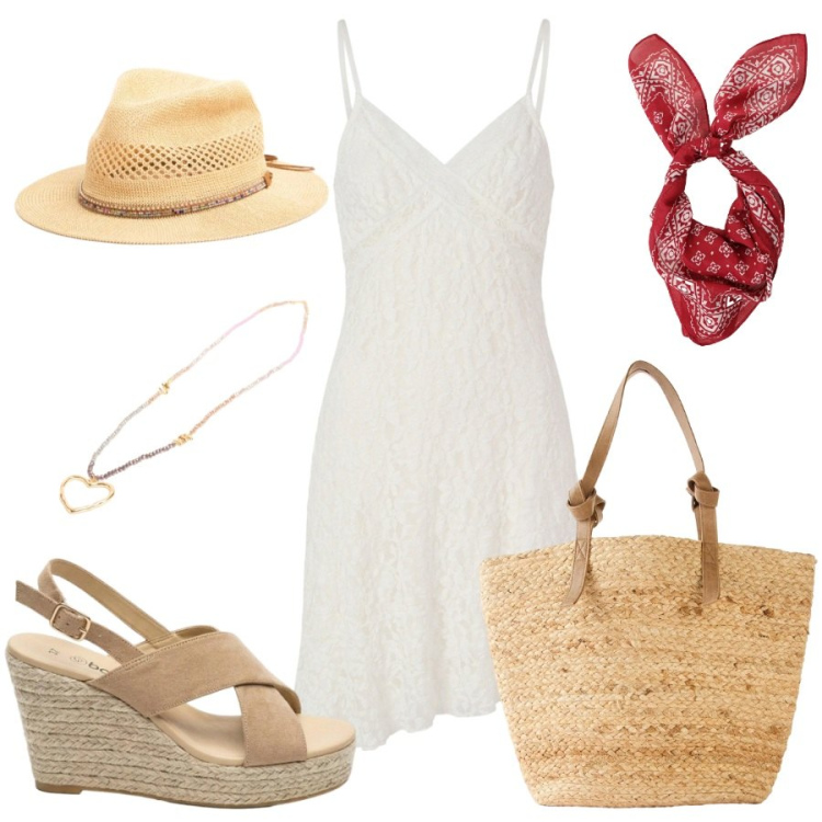 Outfit donna - Total look #2419052. Stile Casual chic per Tutti i giorni. Abbinamento con shopping bag, sandali col tacco, vestiti corti, foulard, cappelli, collane.