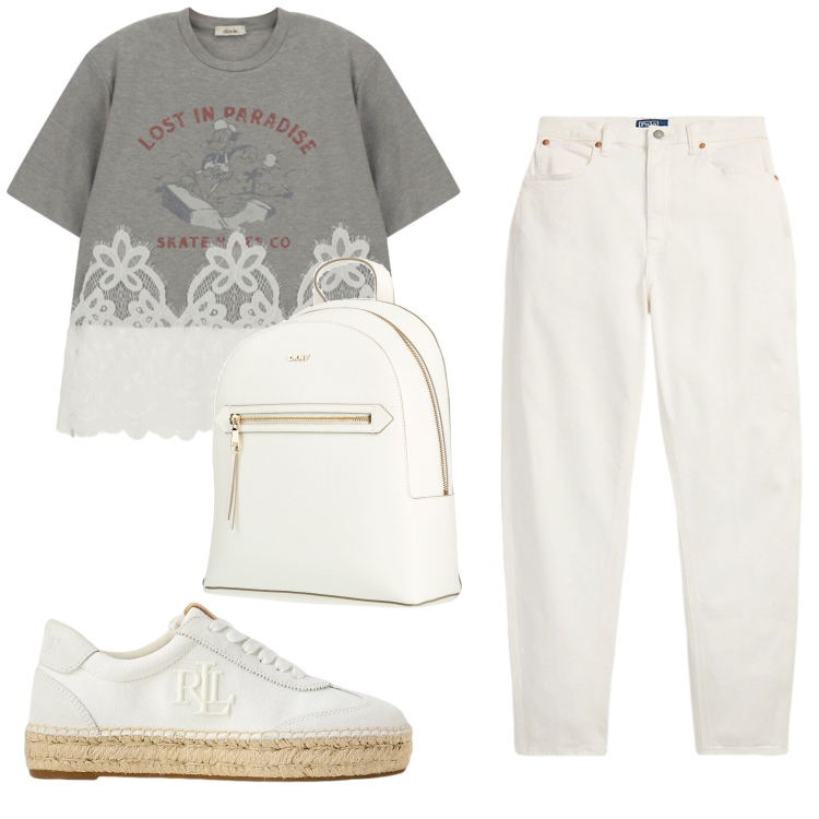 Outfit donna - Total look #2419053. Stile Casual chic per Scuola/Università. Abbinamento con zaini, sneakers, jeans, t-shirt.