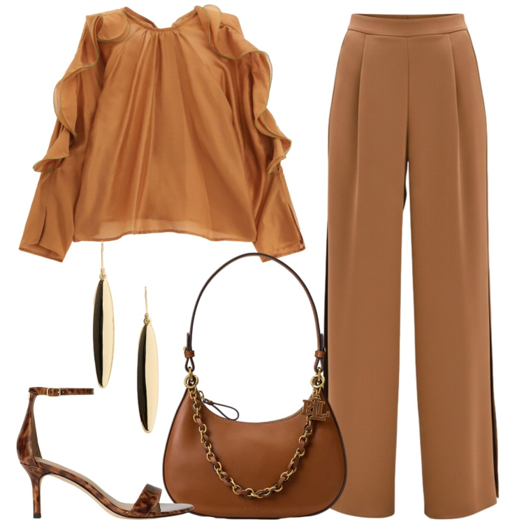 Outfit donna - Caramello. Stile Chic per Serata fuori. Abbinamento con pantaloni a palazzo, camicie, sandali in pelle, borse a spalla, orecchini.