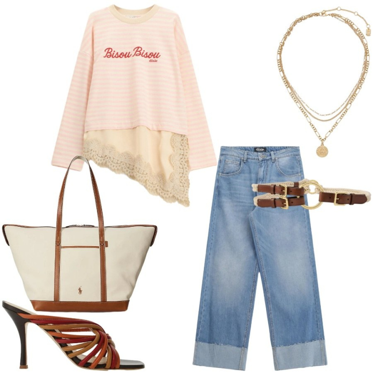 Outfit donna - Total look #2419061. Stile Casual chic per Tutti i giorni. Abbinamento con borse tote, cinture, ciondoli, t-shirt, jeans, sandali.
