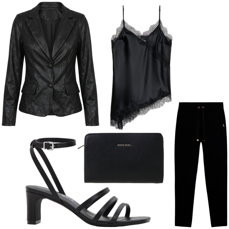 Outfit donna - Nera è la notte. Stile Chic per Serata fuori. Abbinamento con sandali col tacco, canottiere, borse a tracolla, pantaloni, blazer.