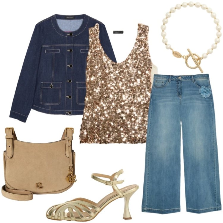 Outfit donna - Total look #2419068. Stile Casual chic per Tutti i giorni. Abbinamento con blazer, jeans, top, borse a tracolla, braccialetti, sandali col tacco.