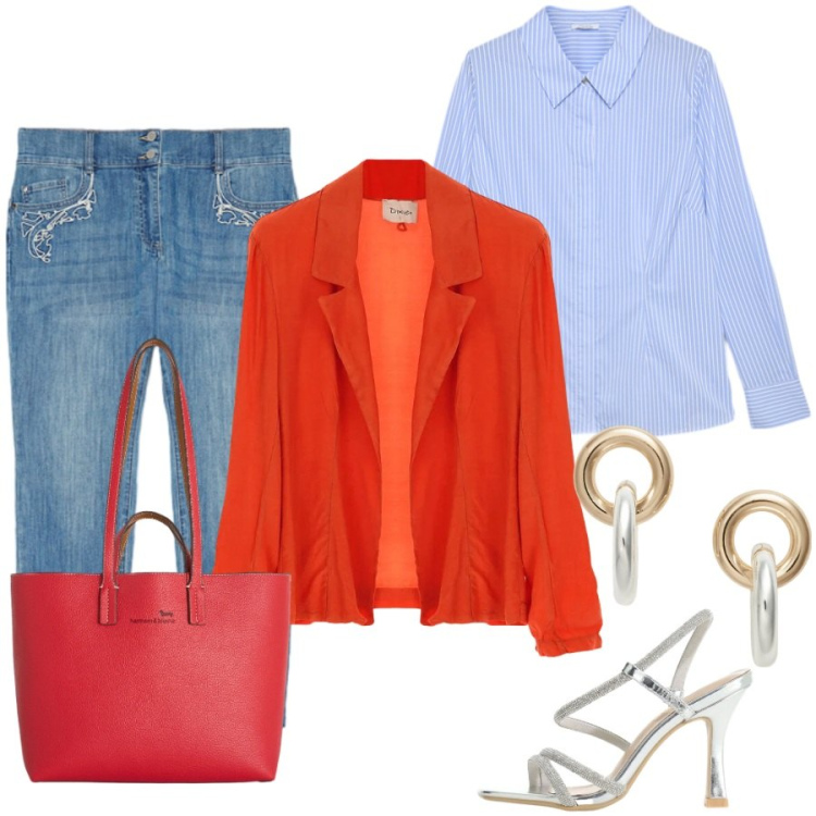 Outfit donna - Total look #2419069. Stile Casual chic per Ufficio. Abbinamento con shopping bag, sandali col tacco, camicie, jeans skinny, orecchini, blazer.