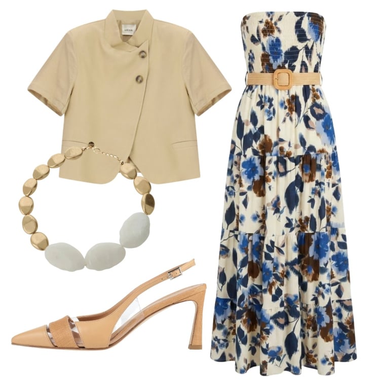 Outfit donna - Total look #2419075. Stile Chic per Cerimonia. Abbinamento con décolleté, collane, blazer, vestiti lunghi.