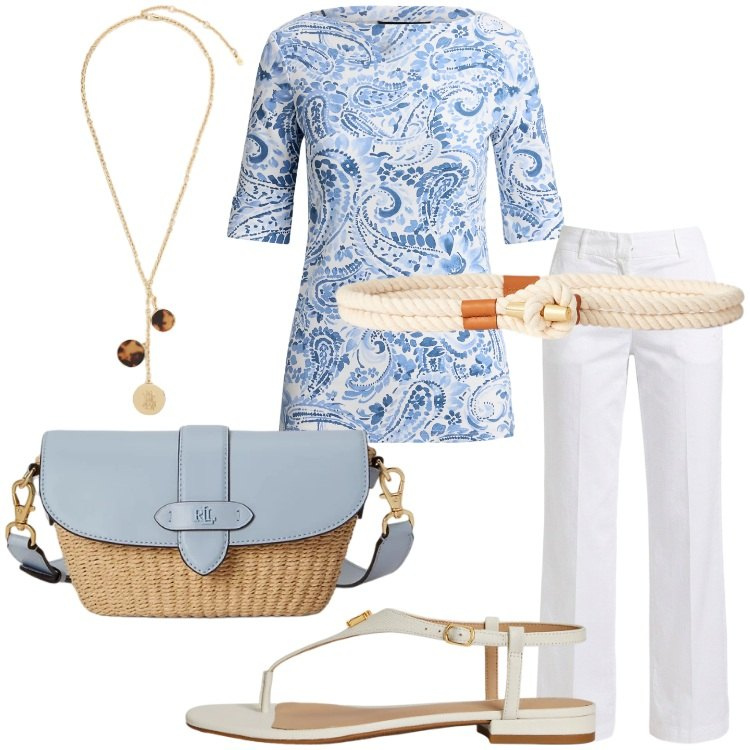 Outfit donna - Mediterranean Chic. Stile Minimal per Tutti i giorni. Abbinamento con pantaloni, cinture, sandali in pelle, borse a spalla, t-shirt, collane.
