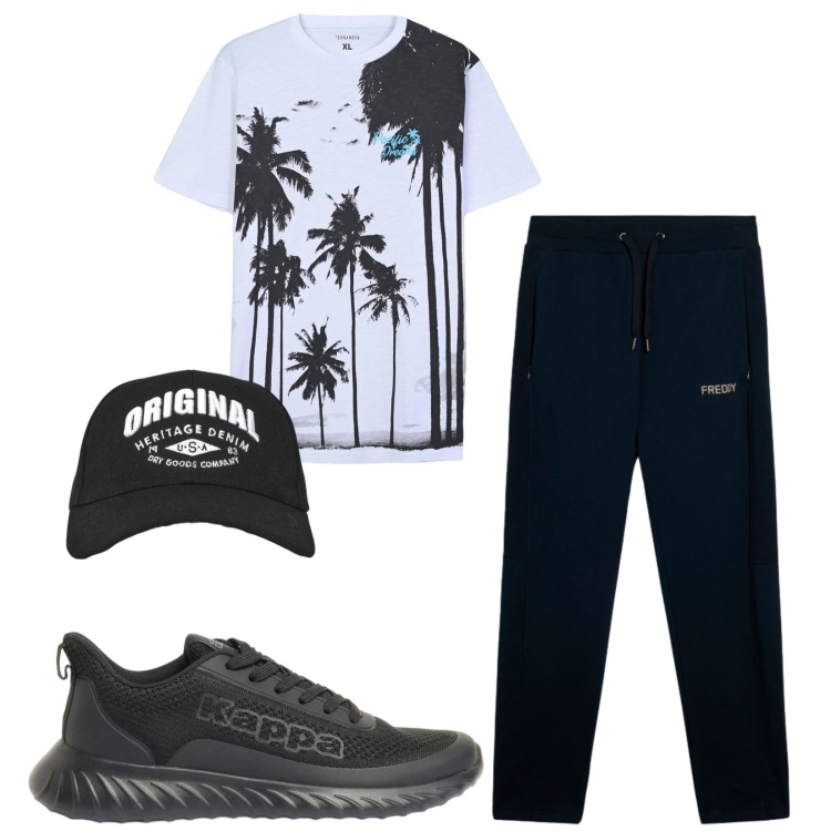Outfit uomo - Total look #2419082. Stile Urban per Sport. Abbinamento con sneakers, t-shirt, cappelli con visiera, pantaloni.