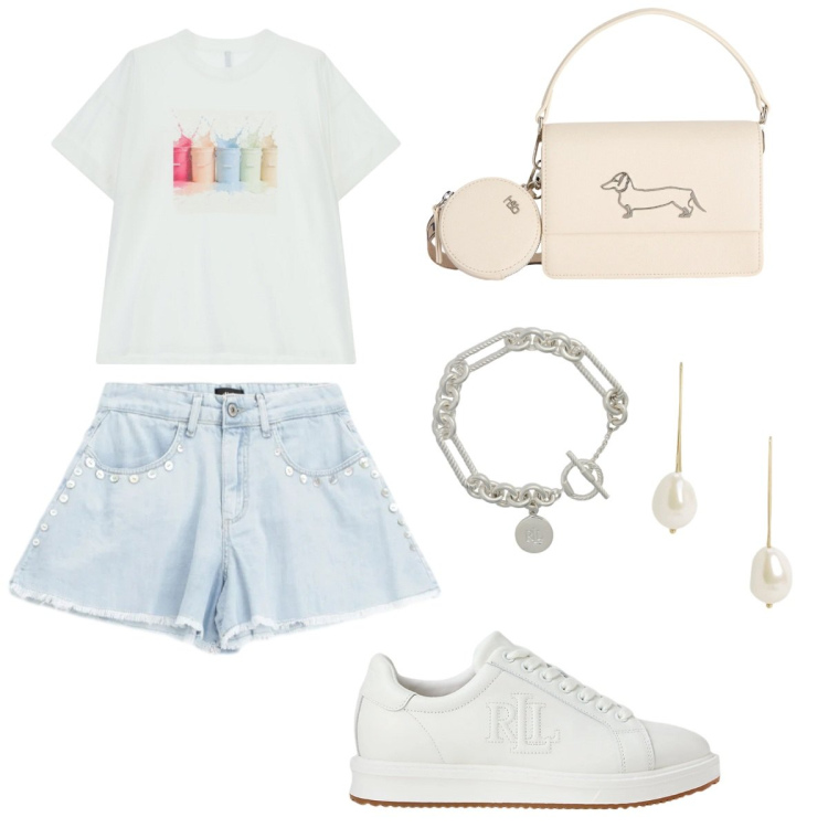 Outfit donna - Summer. Stile Chic per Tutti i giorni. look ideale per Tall. Abbinamento con borse a tracolla, t-shirt, braccialetti, sneakers, orecchini, shorts.