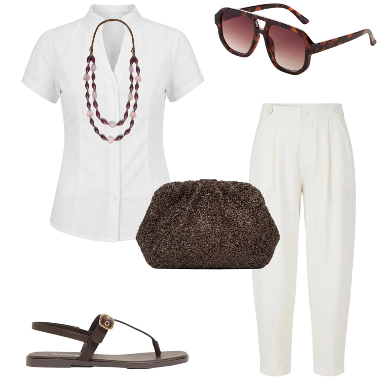 Outfit donna - Stile naturale curvy. Stile Casual per Ufficio. Abbinamento con occhiali da sole, sandali, pantaloni, collane, camicie a manica corta, clutch.