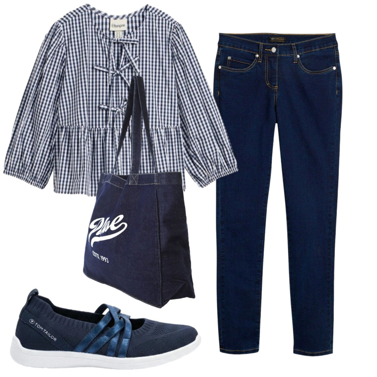 Outfit donna - Total look #2419090. Stile Casual per Tutti i giorni. Abbinamento con jeans slim fit, bluse, sneakers, shopping bag.