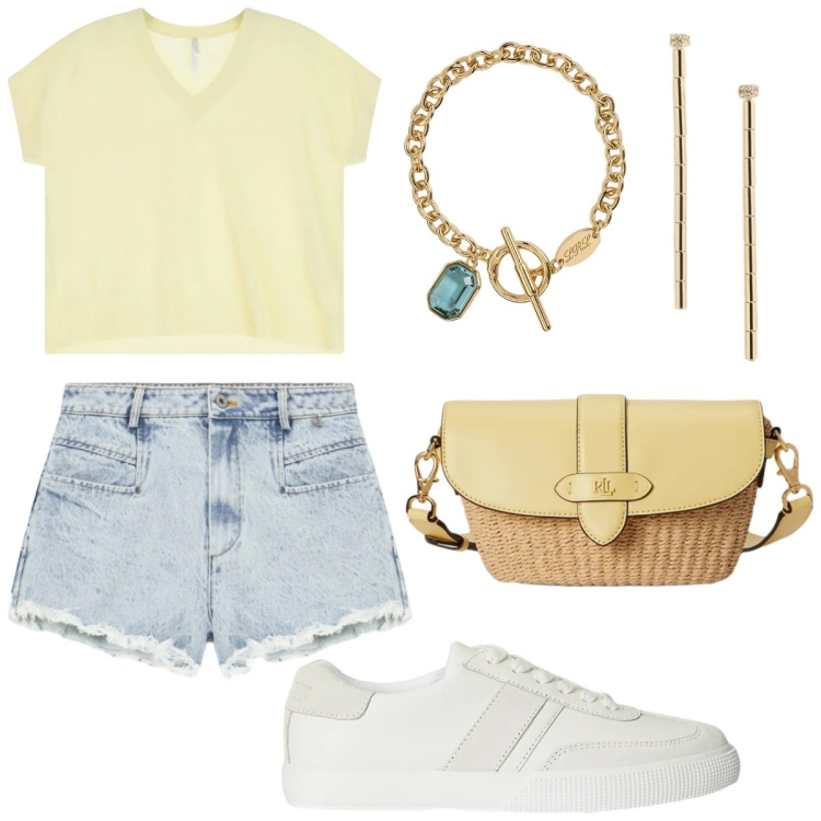 Outfit donna - Total look #2419091. Stile Casual chic per Tutti i giorni. look ideale per Tall. Abbinamento con t-shirt, sneakers, borse a tracolla, orecchini, braccialetti, shorts.
