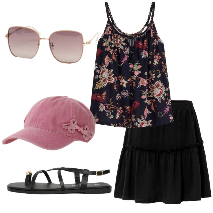 Outfit donna - Total look #2419095. Stile Basic per Mare. Abbinamento con gonne, top, sandali, occhiali da sole, cappelli.