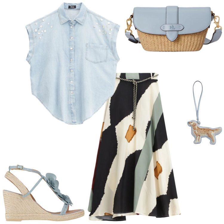 Outfit donna - Stile naturale curvy. Stile Casual chic per Tutti i giorni. Abbinamento con espadrillas, borse a spalla, portachiavi, gonne lunghe, camicie.
