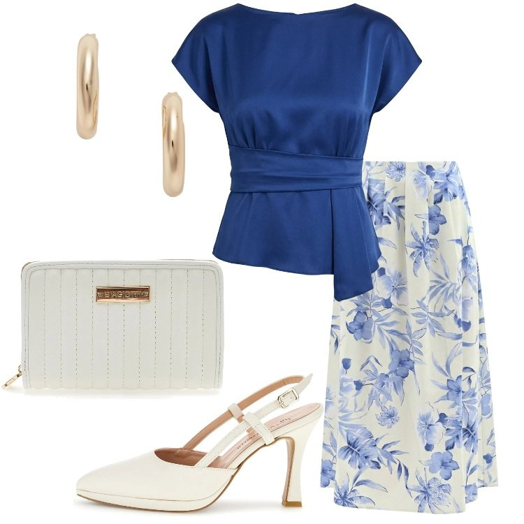 Outfit donna - Eleganza da protagonista. Stile Romantica per Serata fuori. Abbinamento con gonne lunghe, bluse, orecchini, décolleté, portafogli.