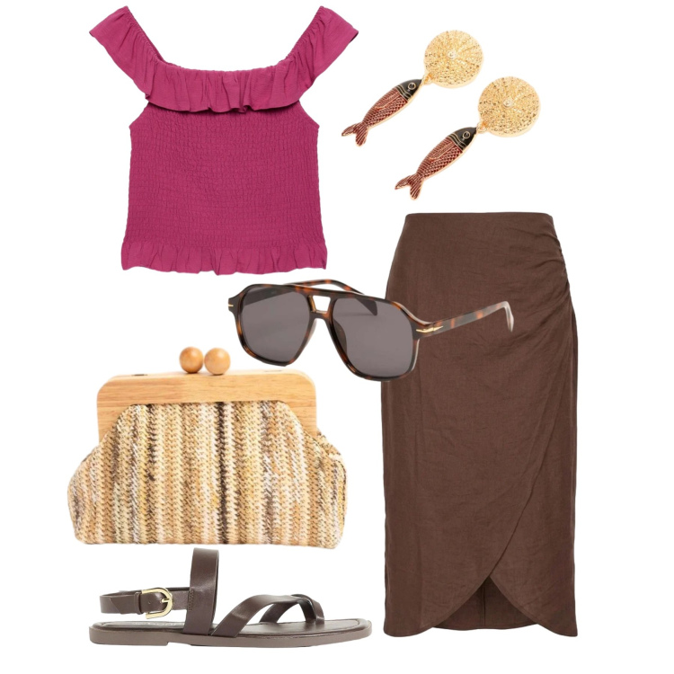 Outfit donna - Giugno. Stile Casual chic per Tutti i giorni. Abbinamento con sandali, top, orecchini, gonne longuette, occhiali da sole, clutch.
