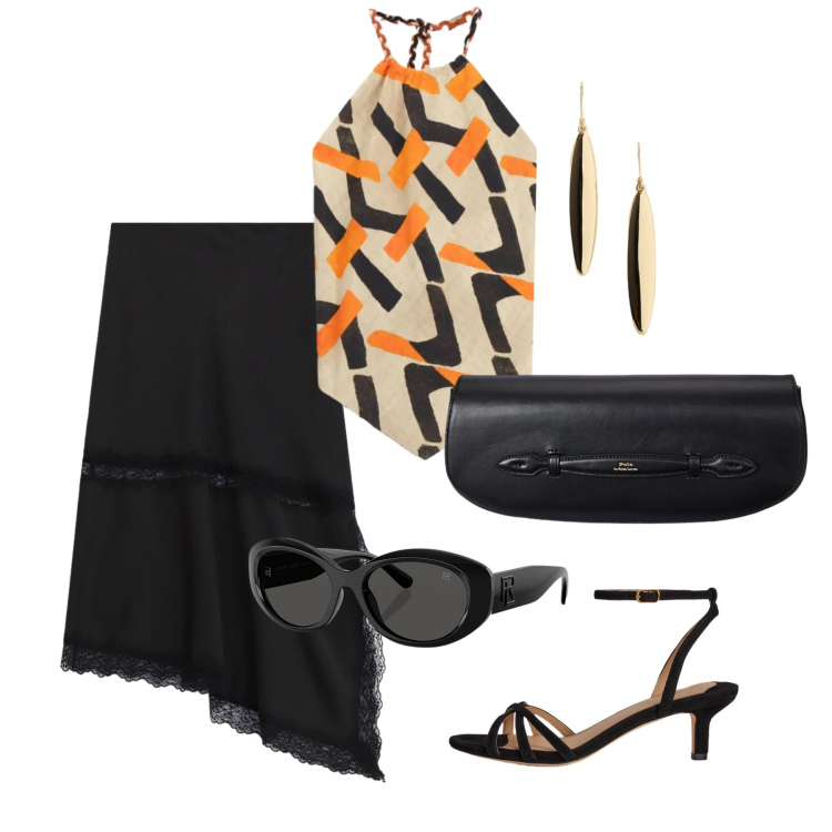 Outfit donna - Giugno. Stile Chic per Tutti i giorni. Abbinamento con gonne longuette, occhiali da sole, clutch, sandali col tacco, orecchini, top.