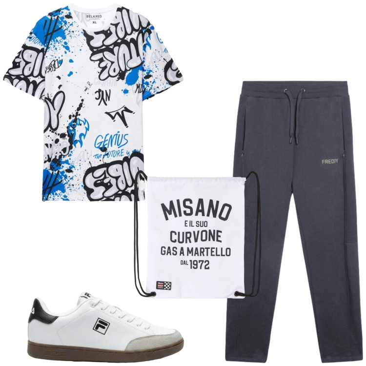 Outfit uomo - Total look #2419129. Stile Urban per Sport. Abbinamento con sneakers, borse sportive, t-shirt, pantaloni.