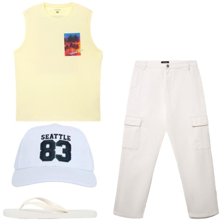 Outfit uomo - Total look #2419131. Stile Trendy per Tutti i giorni. Abbinamento con cappelli, pantaloni cargo, sandali, canottiere.