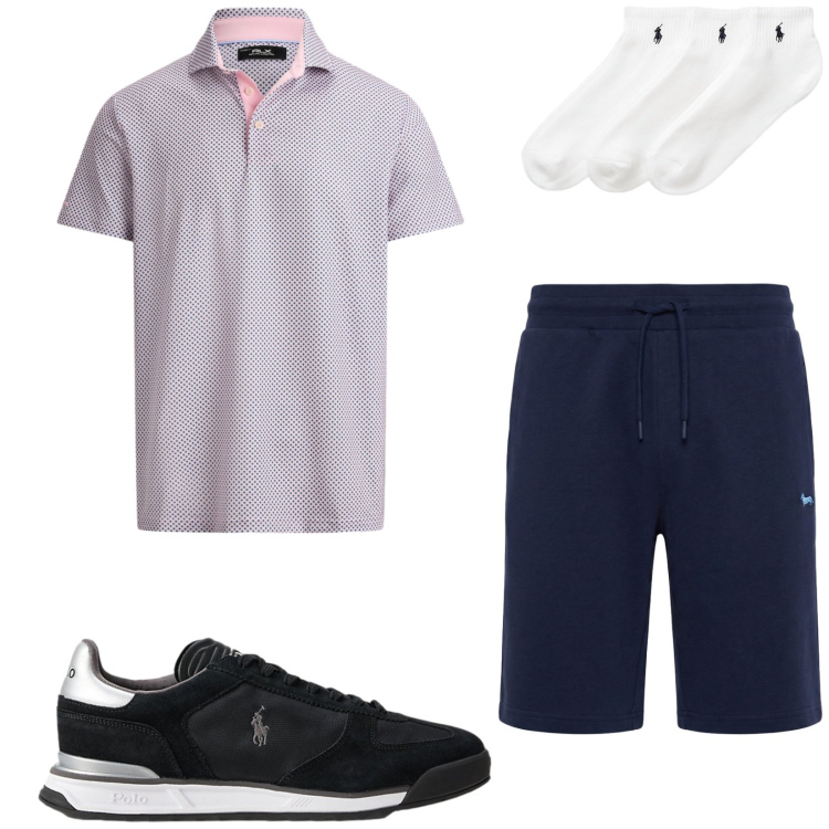 Outfit uomo - Total look #2419133. Stile Trendy per Tutti i giorni. Abbinamento con pantaloni corti, calzini, sneakers, polo.