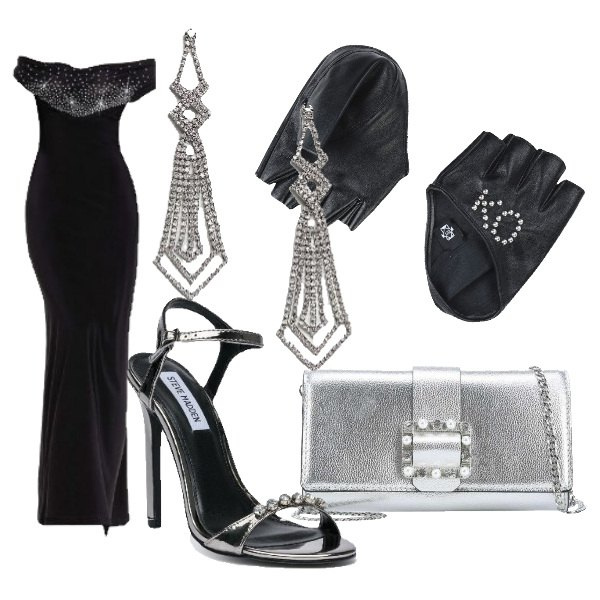 Outfit donna - Oscar. Stile Chic per Cerimonia. Abbinamento con vestito lungo, guanti con borchie in pelle sintetica tinta unita, sandali con perle e fibbia con punta tonda, pochette effetto metallizzato in ecopelle con tasca interna, orecchini pendenti.