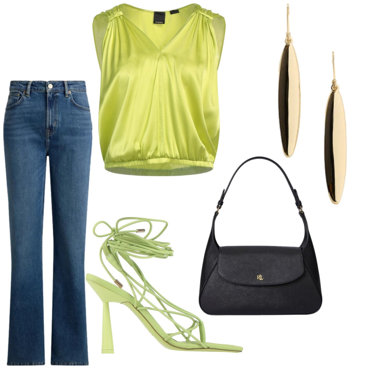 Outfit donna - Total look #2419147. Stile Minimal per Serata fuori. Abbinamento con ciabatte, top, jeans dritti, borse a spalla, orecchini.
