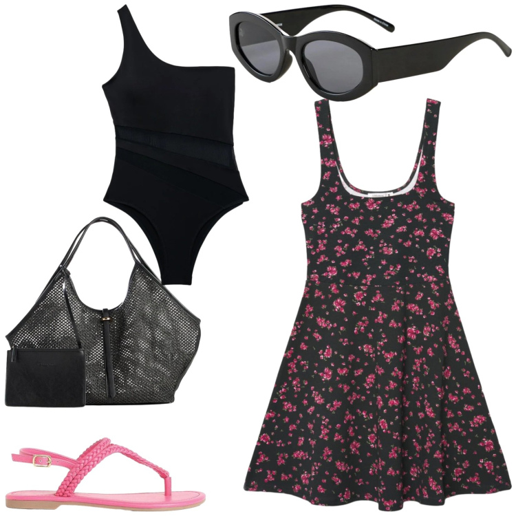 Outfit donna - Total look #2419148. Stile Chic per Mare. Abbinamento con shopping bag, occhiali da sole, sandali, vestiti corti, costumi interi.