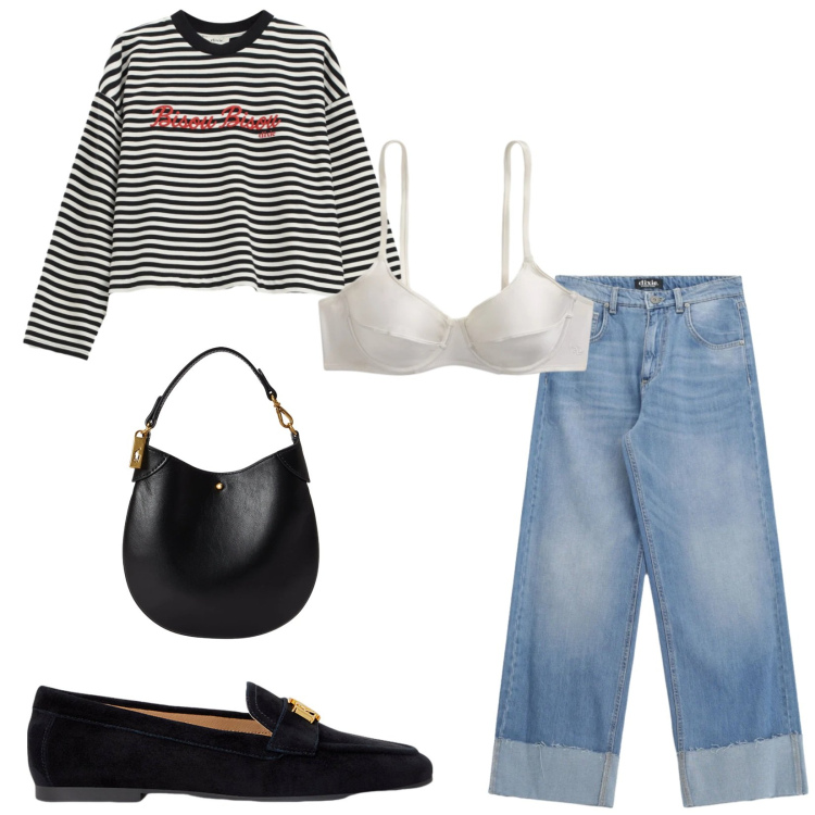 Outfit donna - Total look #2419149. Stile Urban per Tutti i giorni. Abbinamento con mocassini, pochette, reggiseni, t-shirt, jeans.
