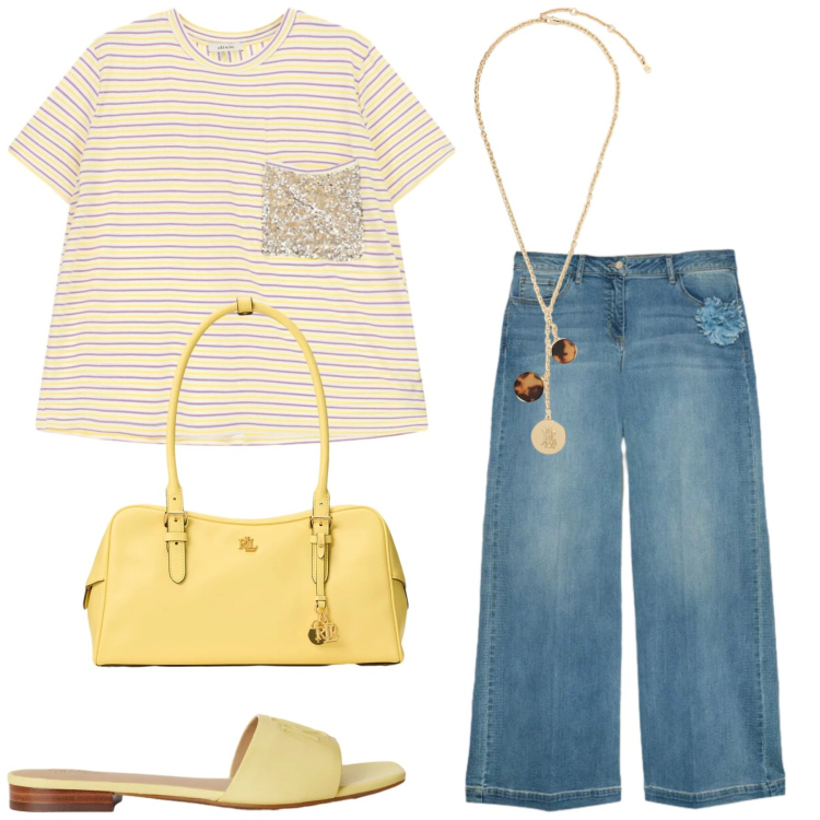 Outfit donna - Total look #2419151. Stile Casual per Serata fuori. Abbinamento con jeans, ciabatte, collane, borse a mano, t-shirt.