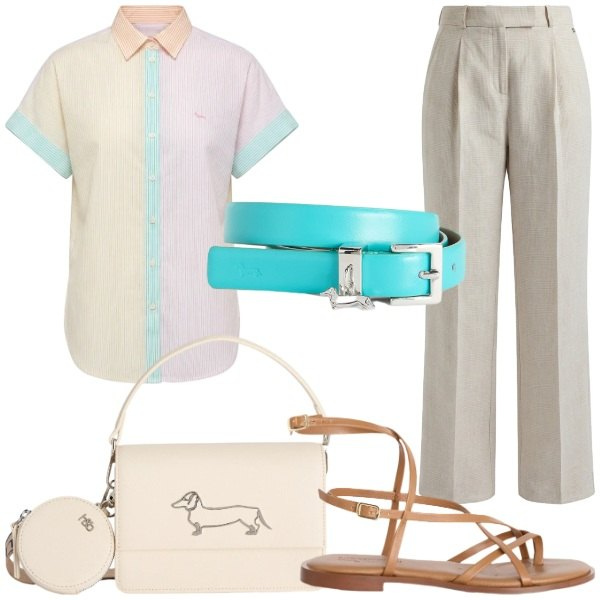 Outfit donna - Casual chic mediterraneo. Stile Glamour per Tutti i giorni. Abbinamento con sandali in pelle, cinture, pantaloni, camicie a manica corta, borse a tracolla.