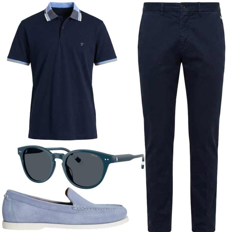 Outfit uomo - Total look #2419158. Stile Trendy per Tutti i giorni. Abbinamento con polo, pantaloni chino, scarpe stringate, occhiali da sole.