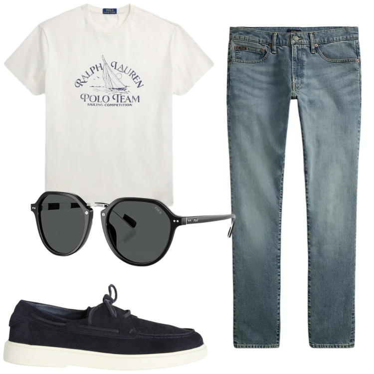 Outfit uomo - Total look #2419160. Stile Casual per Tutti i giorni. Abbinamento con scarpe stringate, jeans, occhiali da sole, t-shirt.