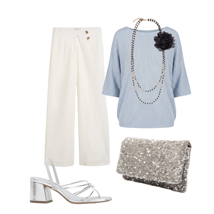 Outfit donna - Minimal chic. Stile Minimal per Serata fuori. Abbinamento con pantaloni, sandali col tacco, collane, bluse, clutch.