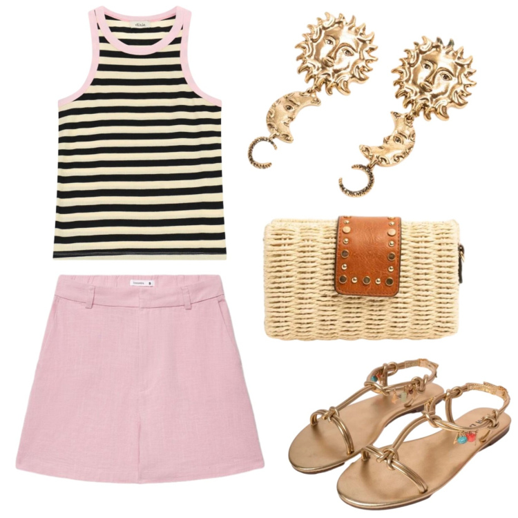 Outfit donna - Estate in Bermuda. Stile Glamour per Tutti i giorni. Abbinamento con bermuda, top, clutch, sandali in pelle, orecchini.
