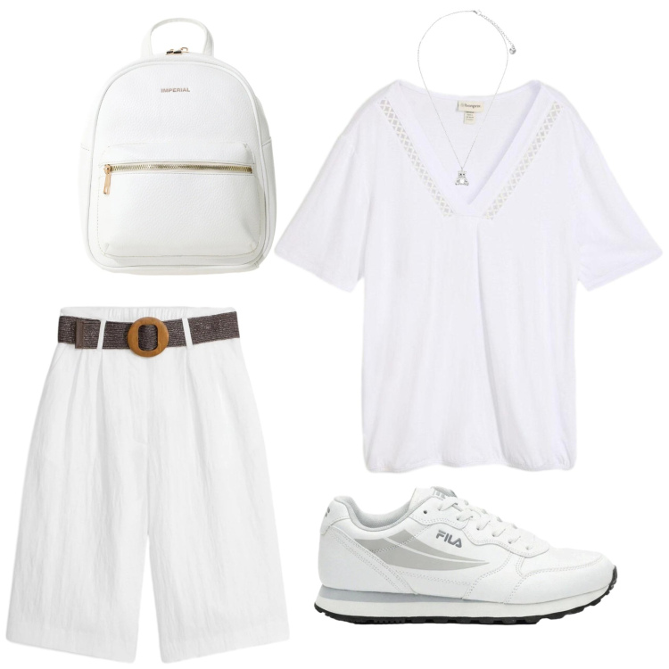 Outfit donna - Fresco bianco. Stile Casual per Tutti i giorni. Abbinamento con bermuda, sneakers, t-shirt, zaini, ciondoli.