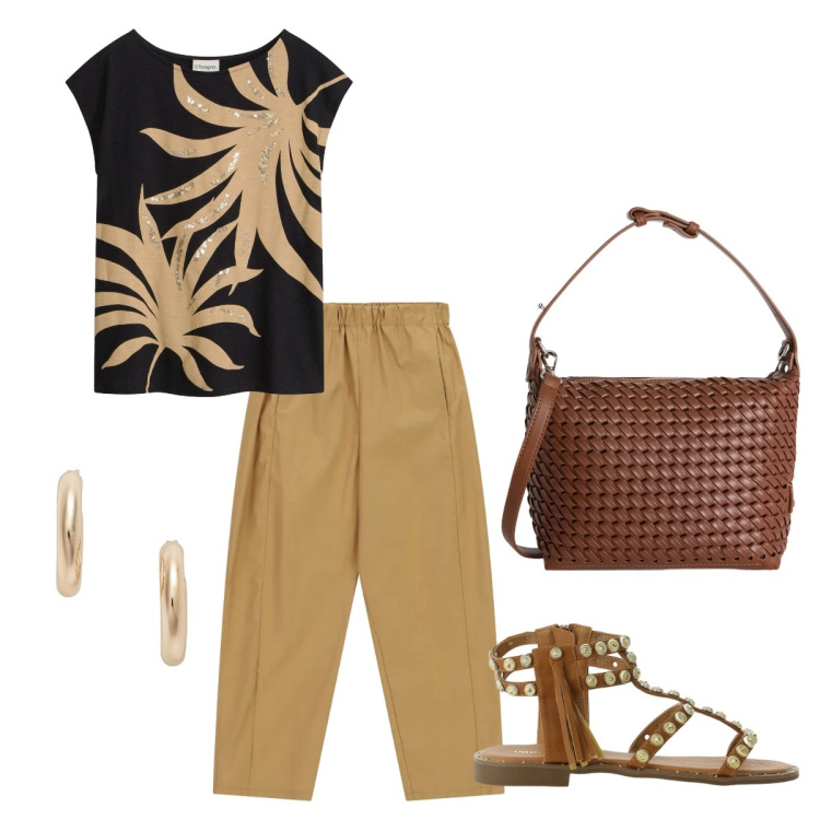 Outfit donna - Total look #2419167. Stile Basic per Tutti i giorni. Abbinamento con t-shirt, borse a spalla, pantaloni, sandali, orecchini.