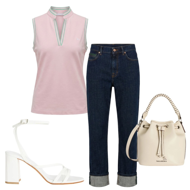 Outfit donna - Total look #2419168. Stile Casual per Tutti i giorni. Abbinamento con polo, sandali in pelle, jeans dritti, borse a secchiello.