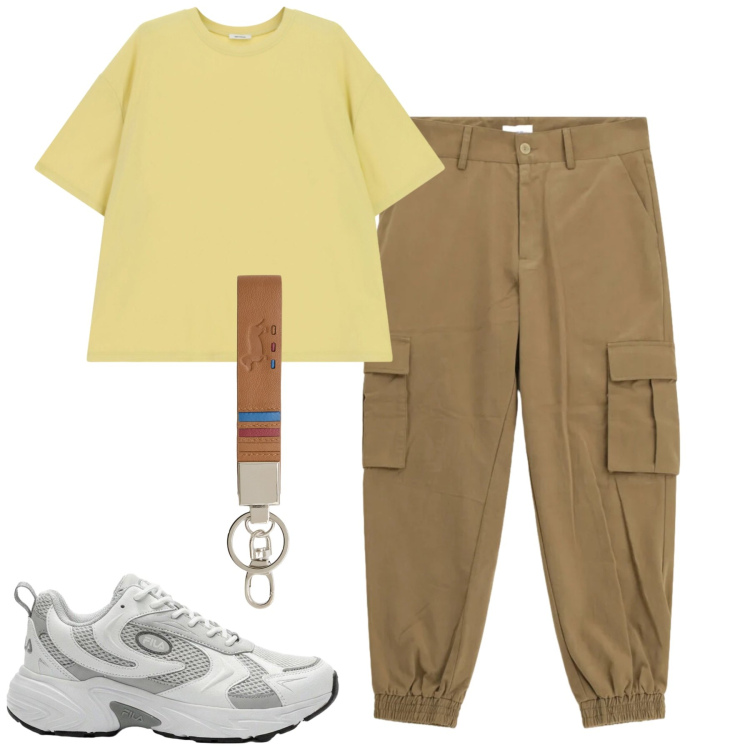 Outfit uomo - Total look #2419177. Stile Casual per Tutti i giorni. Abbinamento con sneakers, portachiavi, pantaloni cargo, t-shirt.