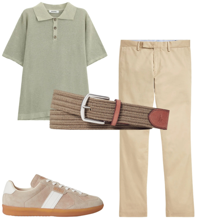 Outfit uomo - Giugno. Stile Casual per Tutti i giorni. Abbinamento con cinture, pantaloni chino, sneakers, polo.