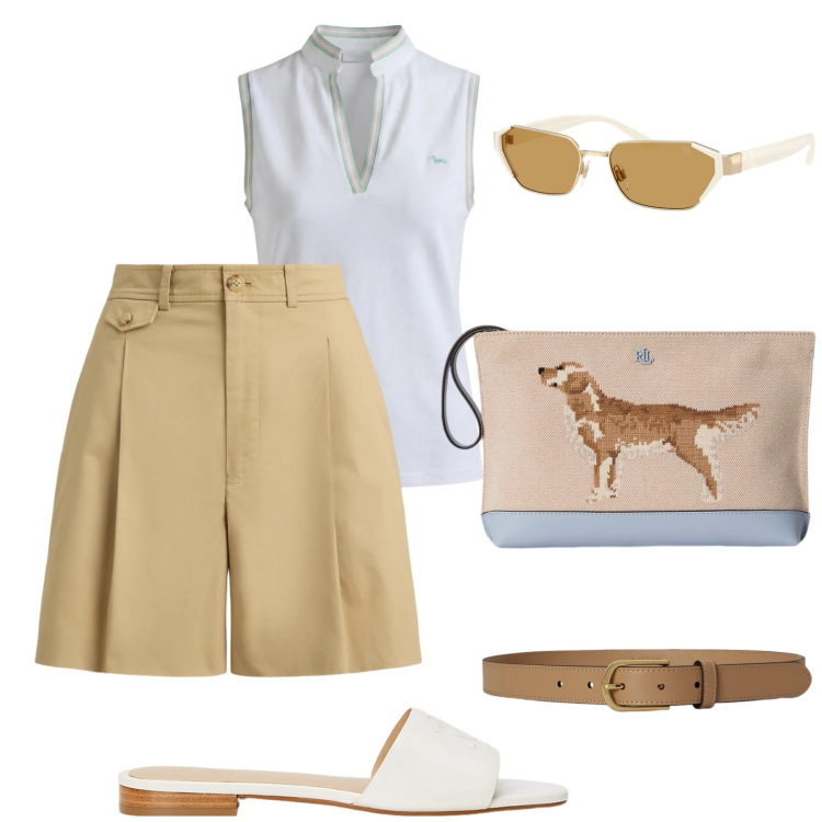 Outfit donna - Sporty chic. Stile Sporty chic per Tutti i giorni. Abbinamento con polo, bermuda, ciabatte, pochette, cinture, occhiali da sole.