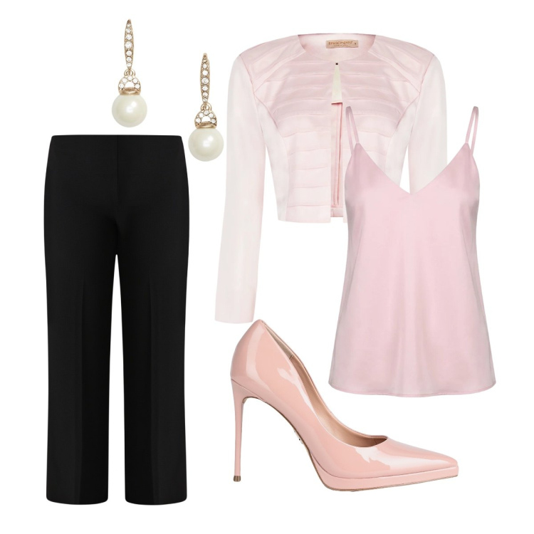 Outfit donna - Estate Rinascimento. Stile Chic per Cerimonia. Abbinamento con décolleté, pantaloni a palazzo, bolero, top, orecchini.