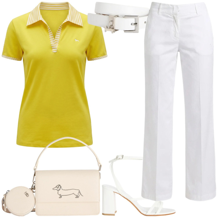 Outfit donna - Il sole addosso. Stile Casual chic per Tutti i giorni. Abbinamento con sandali in pelle, polo, pantaloni, cinture, borse a tracolla.