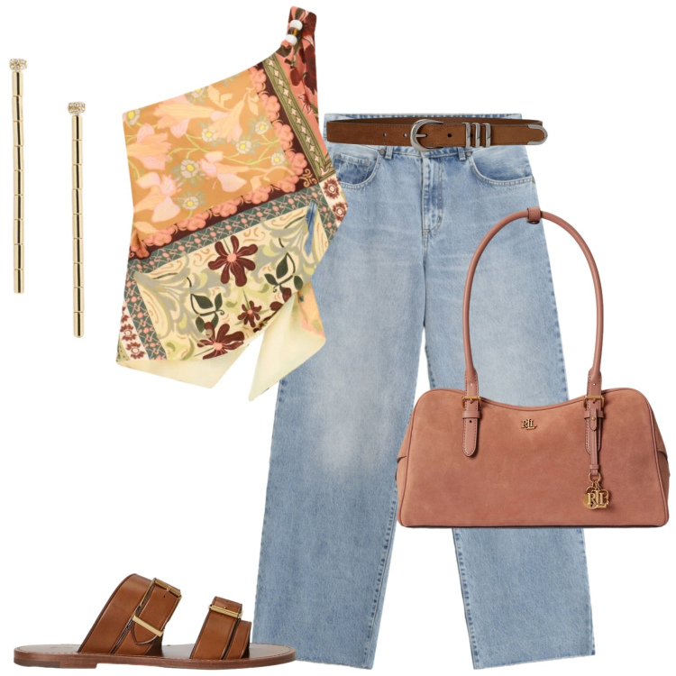Outfit donna - Il top annodato. Stile Casual chic per Tutti i giorni. Abbinamento con sandali in pelle, borse a mano, orecchini, cinture, jeans dritti, top.